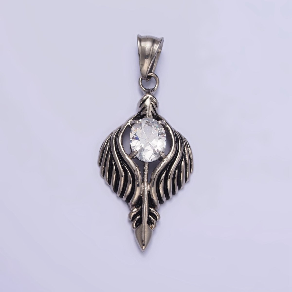 Stainless Steel 50mm Clear CZ Oval Line-Textured Wrapped Arrow Pendant in Silver & Black | P-808