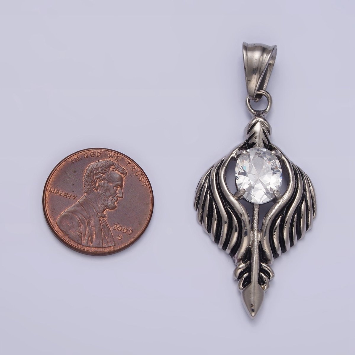 Stainless Steel 50mm Clear CZ Oval Line-Textured Wrapped Arrow Pendant in Silver & Black | P-808