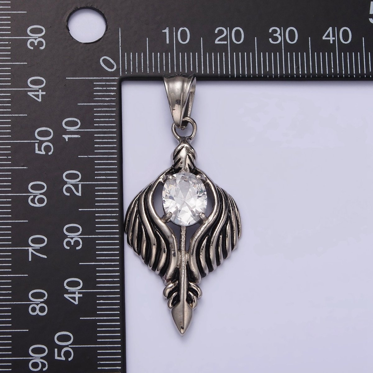 Stainless Steel 50mm Clear CZ Oval Line-Textured Wrapped Arrow Pendant in Silver & Black | P-808