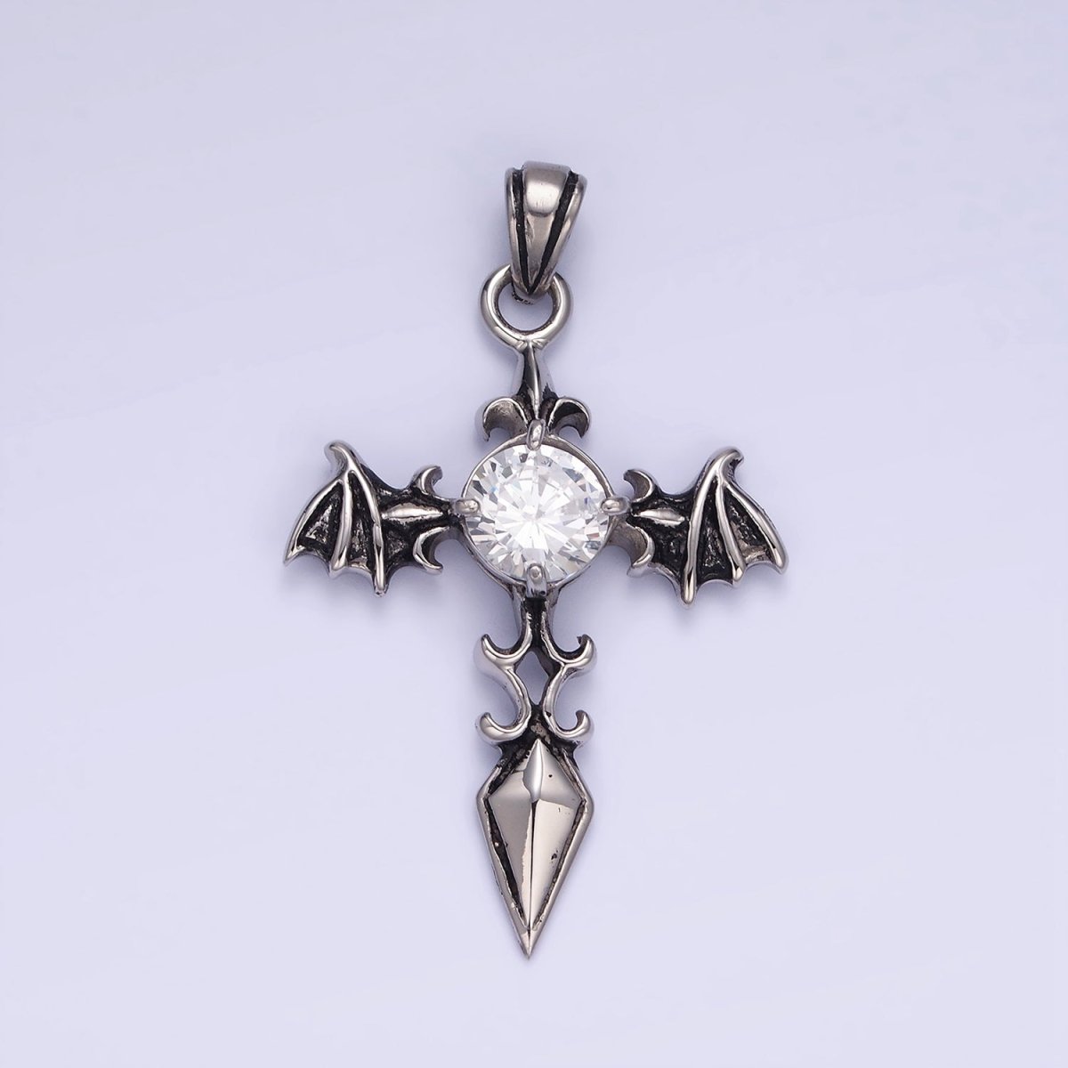 Stainless Steel 50mm CZ Wings Sphere Fleur Cross Oxidized Silver Pendant | P1415