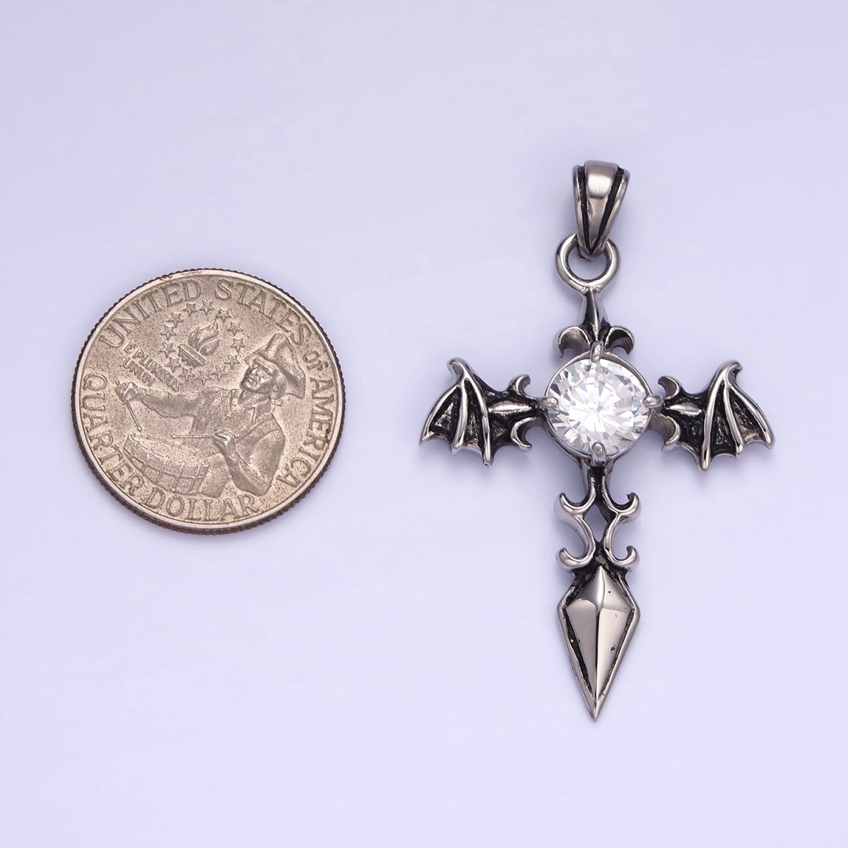 Stainless Steel 50mm CZ Wings Sphere Fleur Cross Oxidized Silver Pendant | P1415