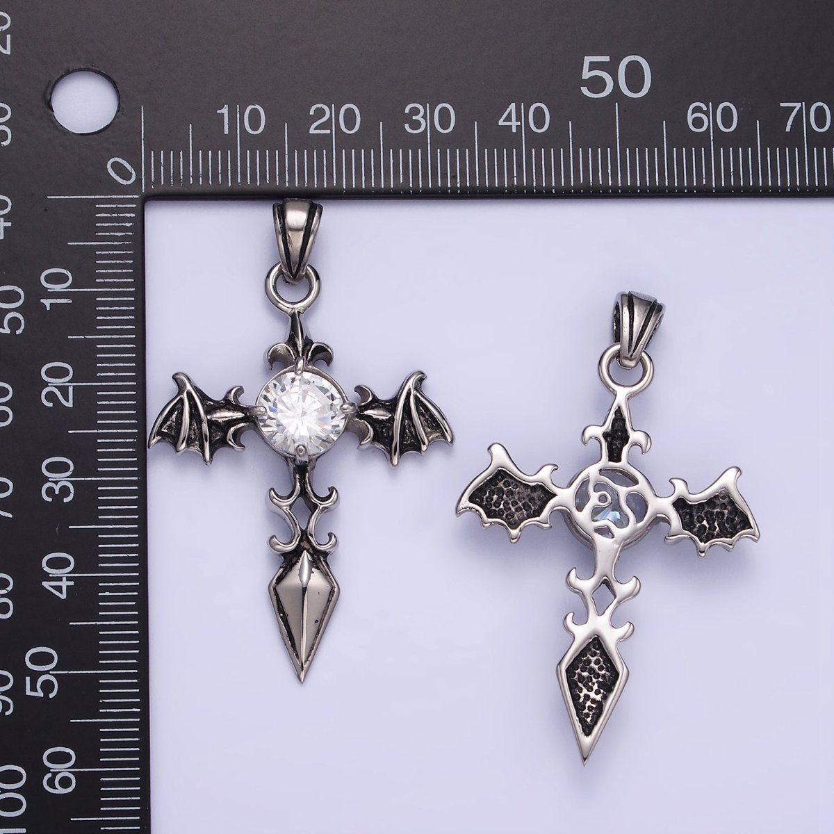 Stainless Steel 50mm CZ Wings Sphere Fleur Cross Oxidized Silver Pendant | P1415