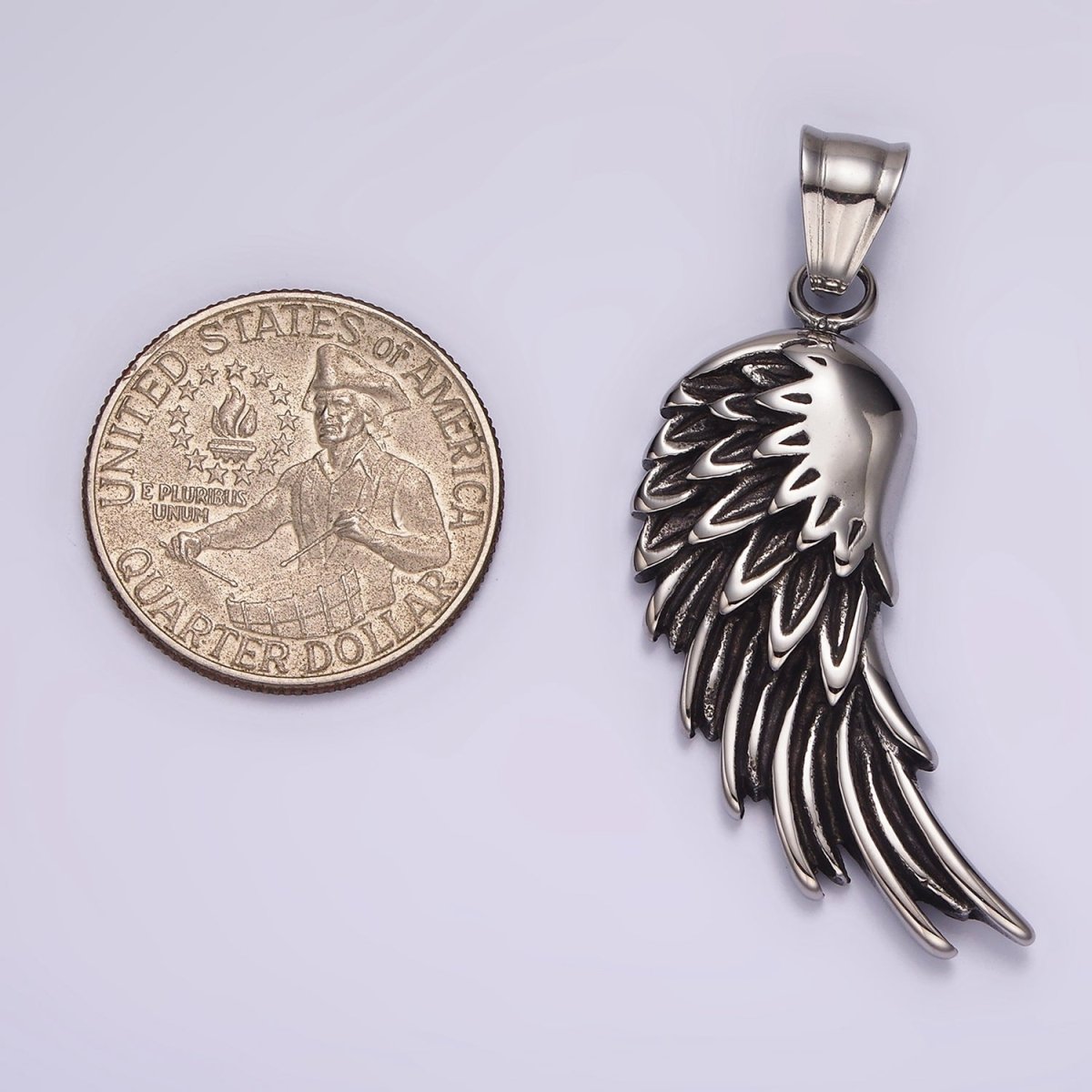 Stainless Steel 50mm Feather Wings Textured Pendant | P877 - DLUXCA