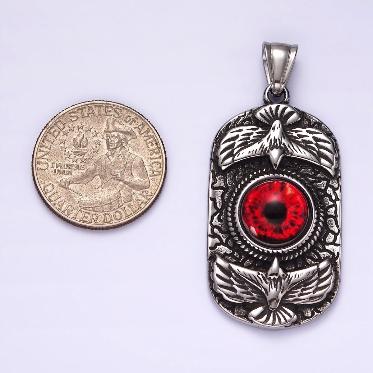 Stainless Steel 50mm Red Eye Double Bird Textured Oblong Pendant | P1062 - DLUXCA