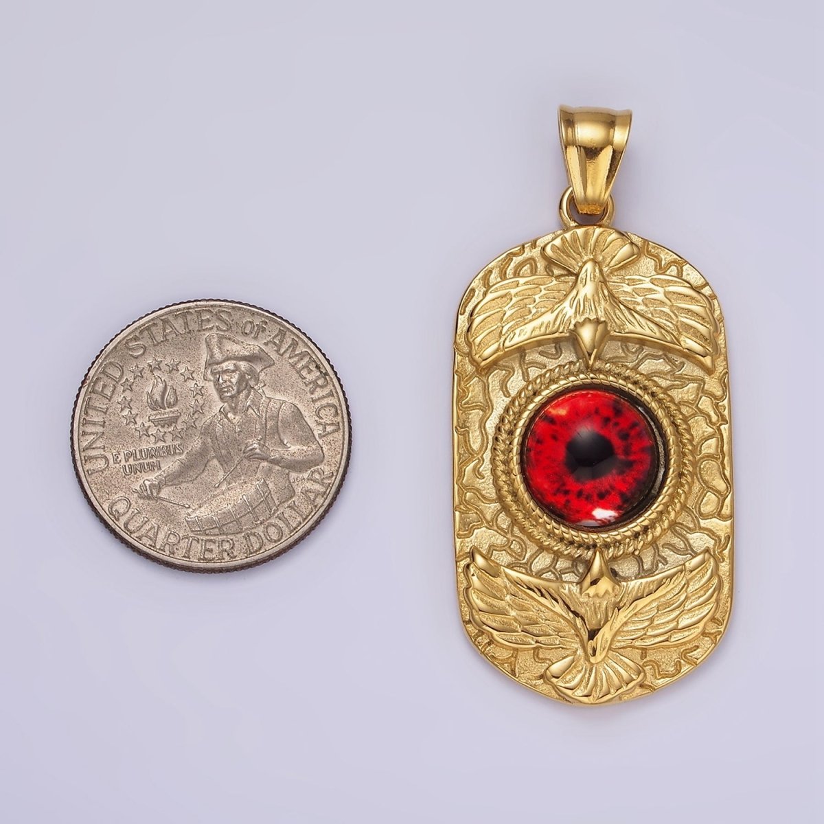 Stainless Steel 50mm Red Eye Double Bird Textured Oblong Pendant | P1073 - DLUXCA