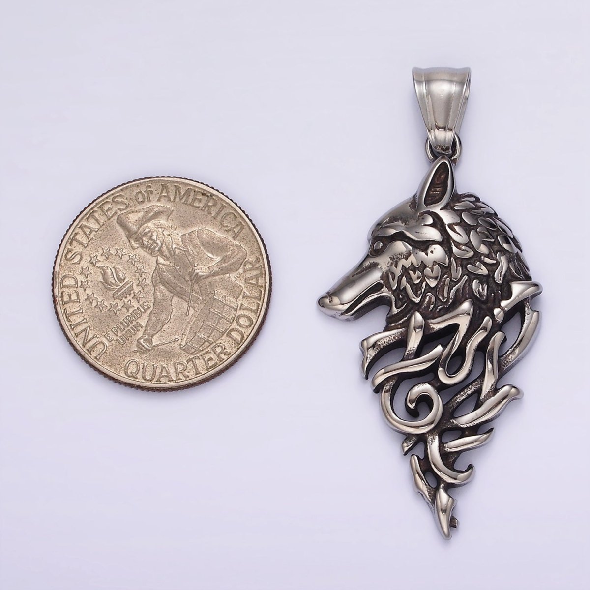 Stainless Steel 50mm Wolf Animal Head Geometric Open Oxidized Pendant | P1185 - DLUXCA