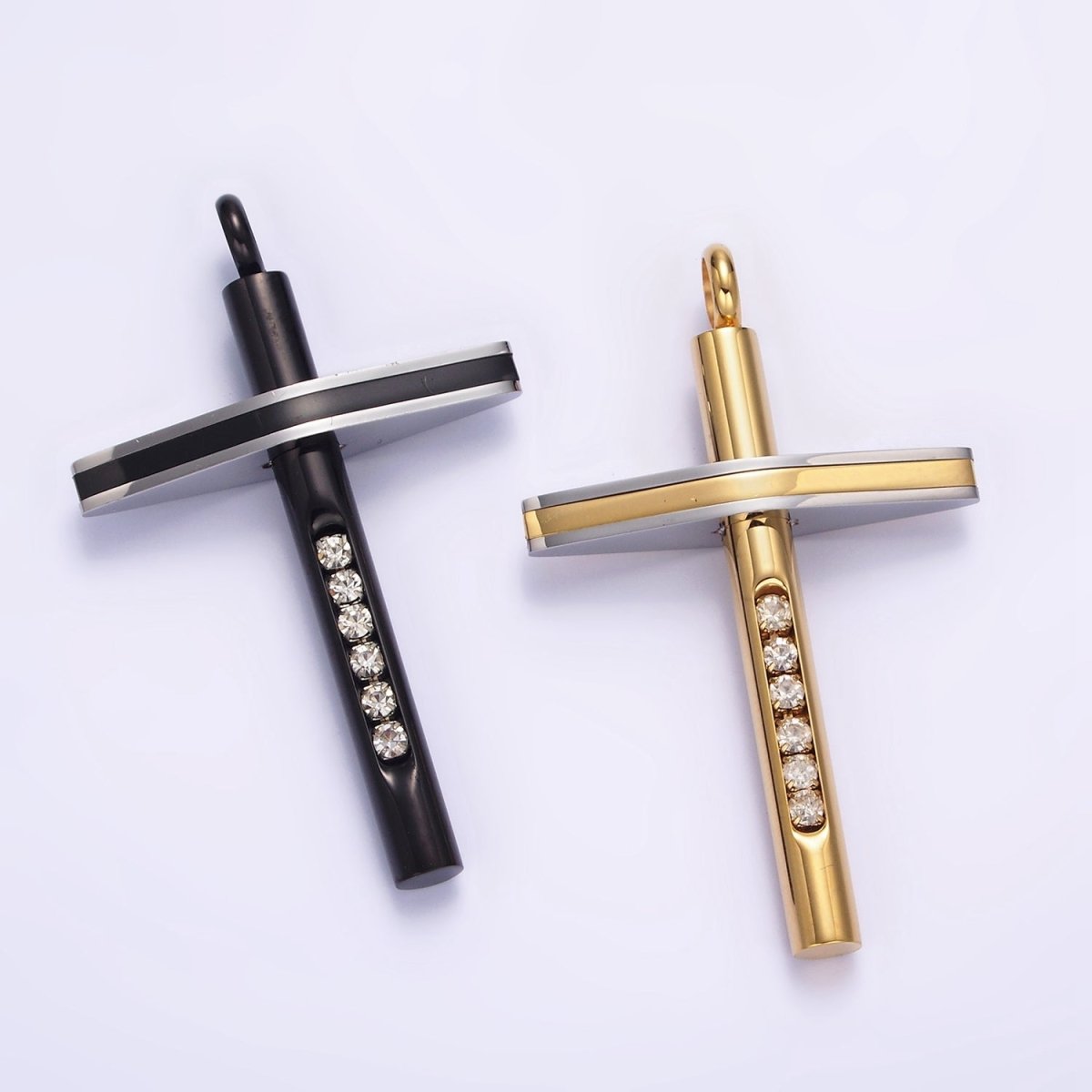 Stainless Steel 51.7mm Geometric Mixed Metal Cross Clear CZ Lined Pendant in Gold & Black | P-711 P-712
