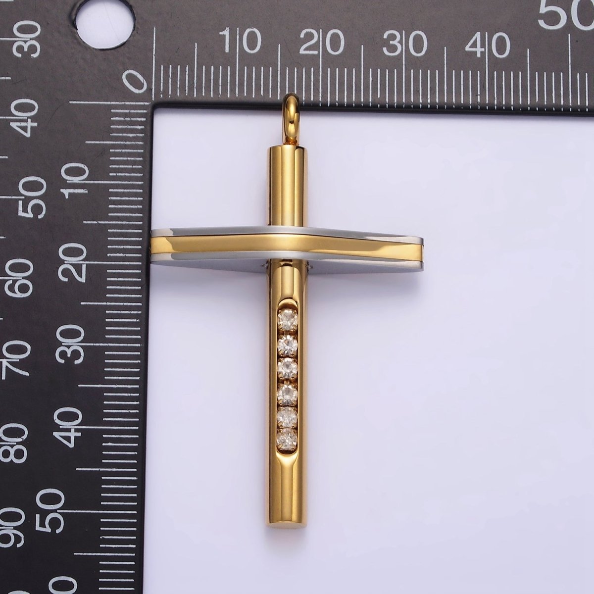 Stainless Steel 51.7mm Geometric Mixed Metal Cross Clear CZ Lined Pendant in Gold & Black | P-711 P-712