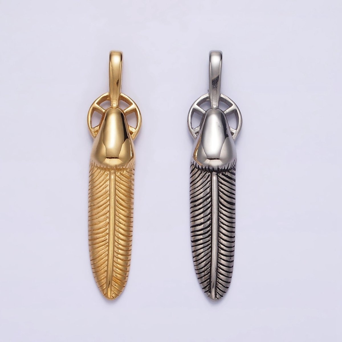 Stainless Steel 55.5mm Line-Textured Feather Open Round Pendant in Gold & Silver | P-718