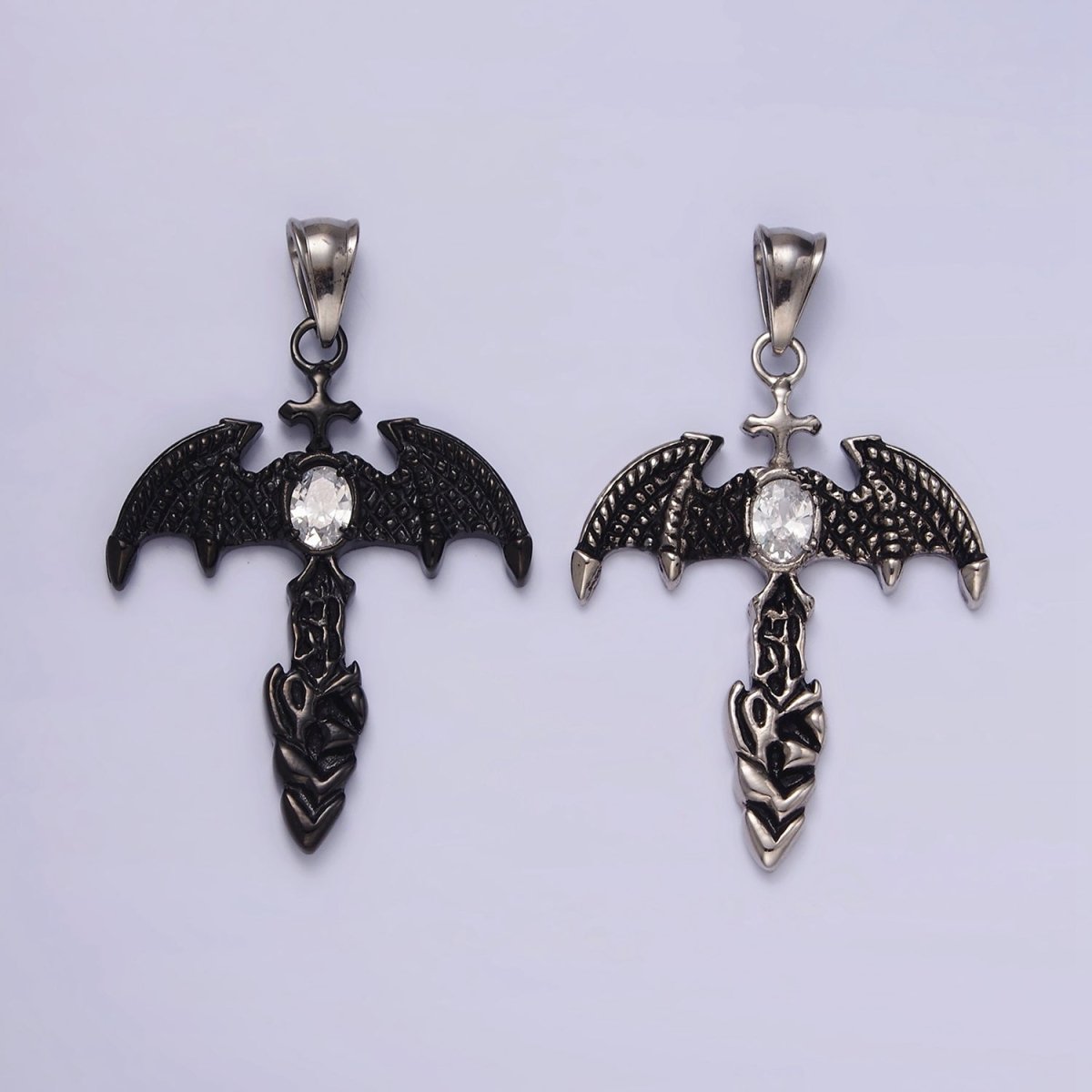 Stainless Steel 55mm Clear Oval CZ Bat Wings Passion Cross Religious Pendant in Silver & Black | P-815