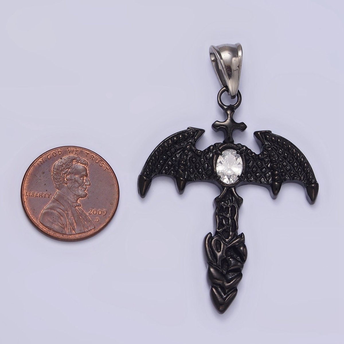 Stainless Steel 55mm Clear Oval CZ Bat Wings Passion Cross Religious Pendant in Silver & Black | P-815