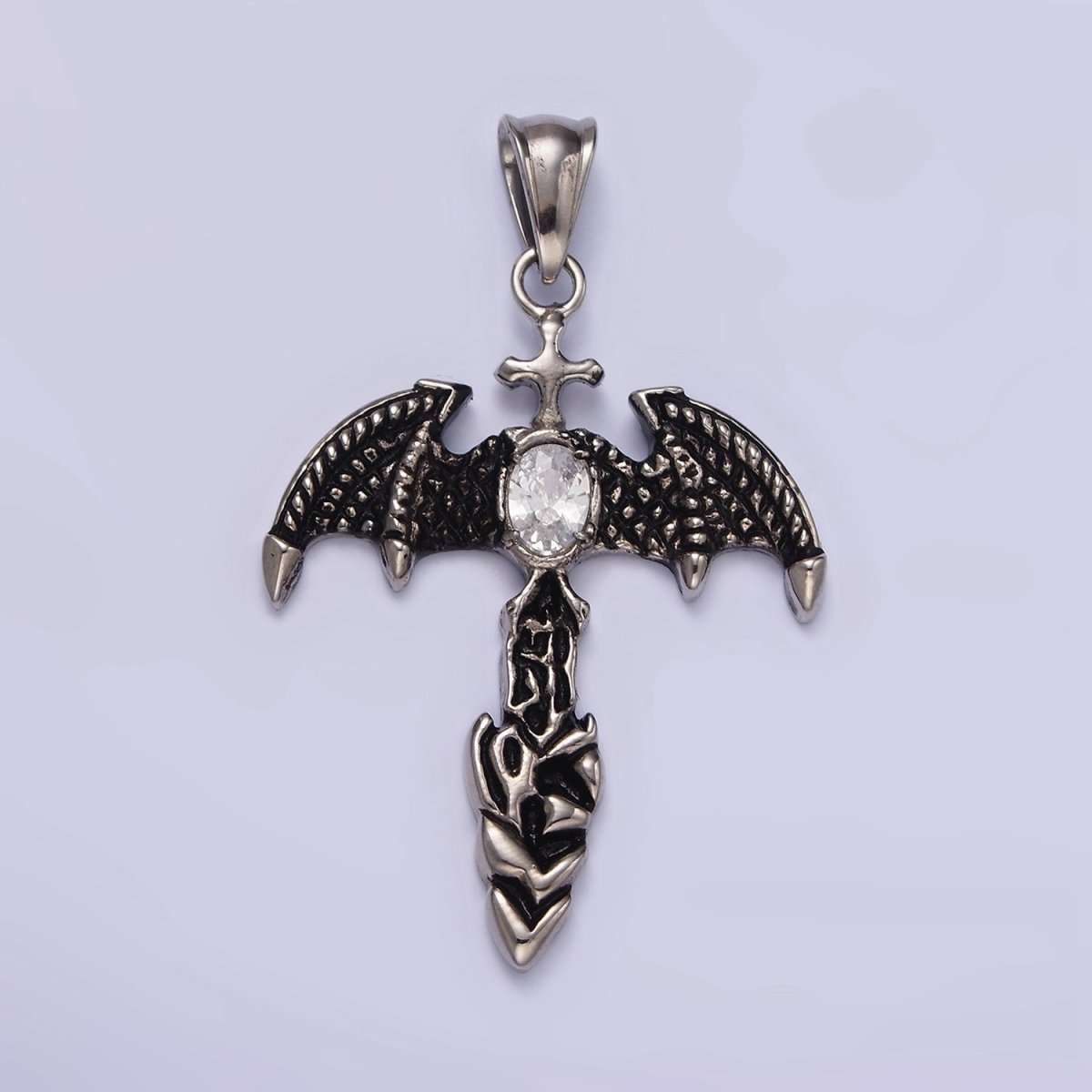 Stainless Steel 55mm Clear Oval CZ Bat Wings Passion Cross Religious Pendant in Silver & Black | P-815