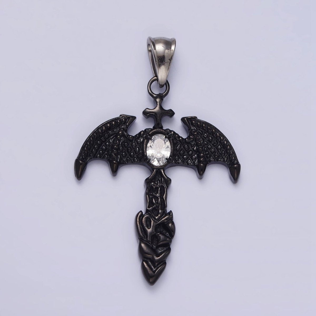 Stainless Steel 55mm Clear Oval CZ Bat Wings Passion Cross Religious Pendant in Silver & Black | P-815
