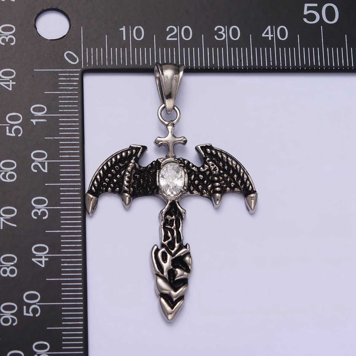 Stainless Steel 55mm Clear Oval CZ Bat Wings Passion Cross Religious Pendant in Silver & Black | P-815