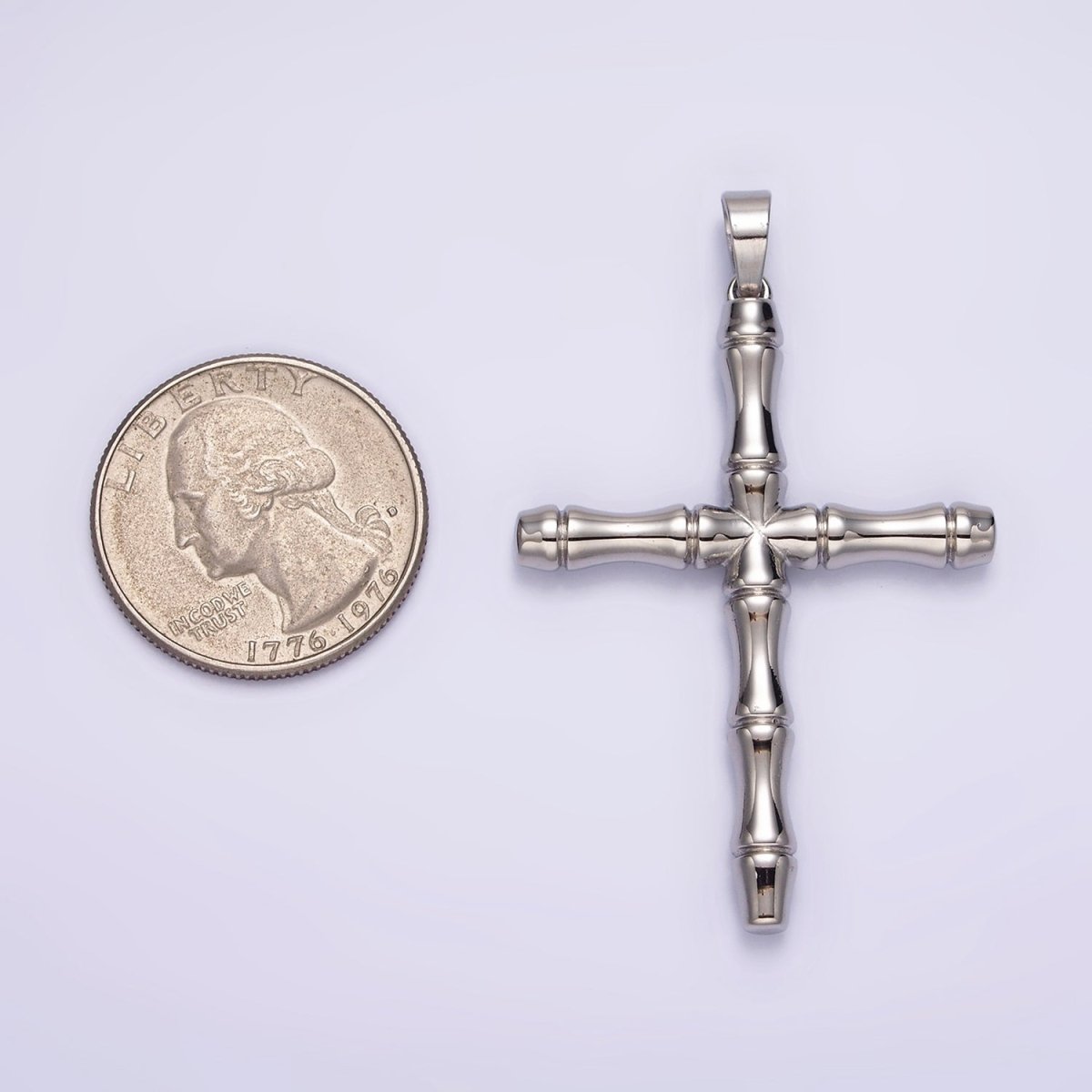 Stainless Steel 56mm Bamboo Cross Religious Silver Pendant | P-774 - DLUXCA