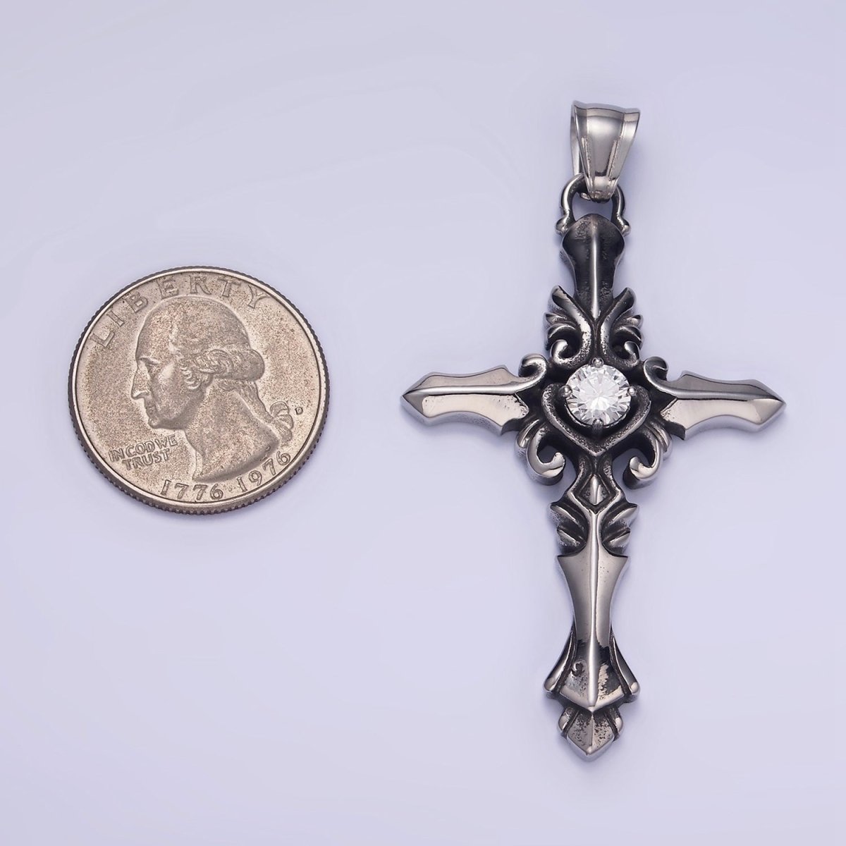 Stainless Steel 60mm Artisan Cross Clear CZ Pendant | P1421 - DLUXCA