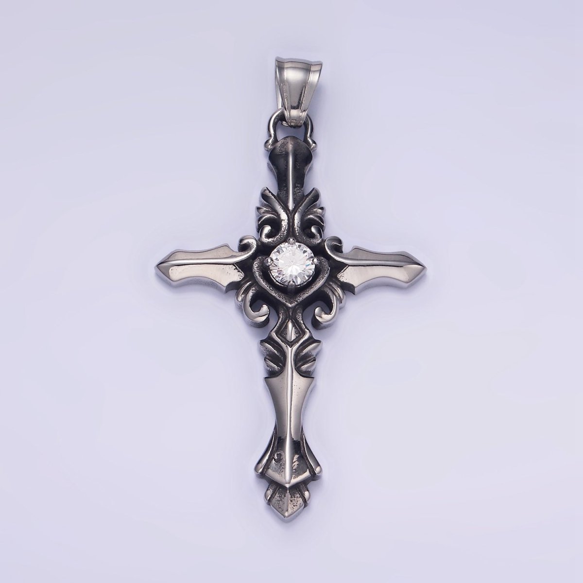 Stainless Steel 60mm Artisan Cross Clear CZ Pendant | P1421 - DLUXCA