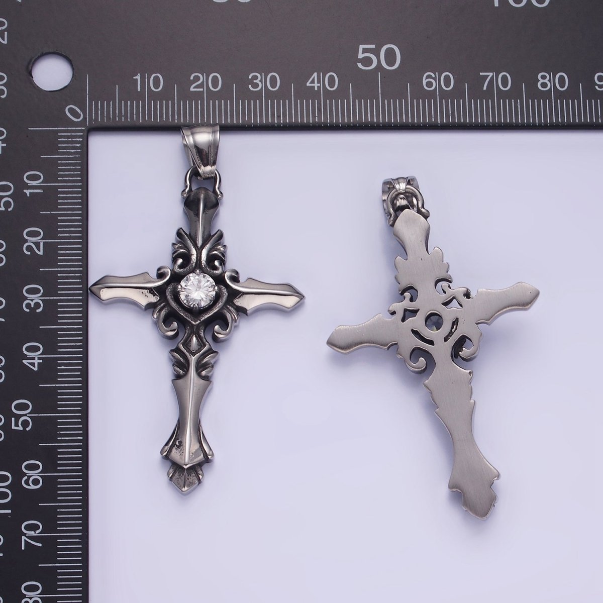 Stainless Steel 60mm Artisan Cross Clear CZ Pendant | P1421 - DLUXCA
