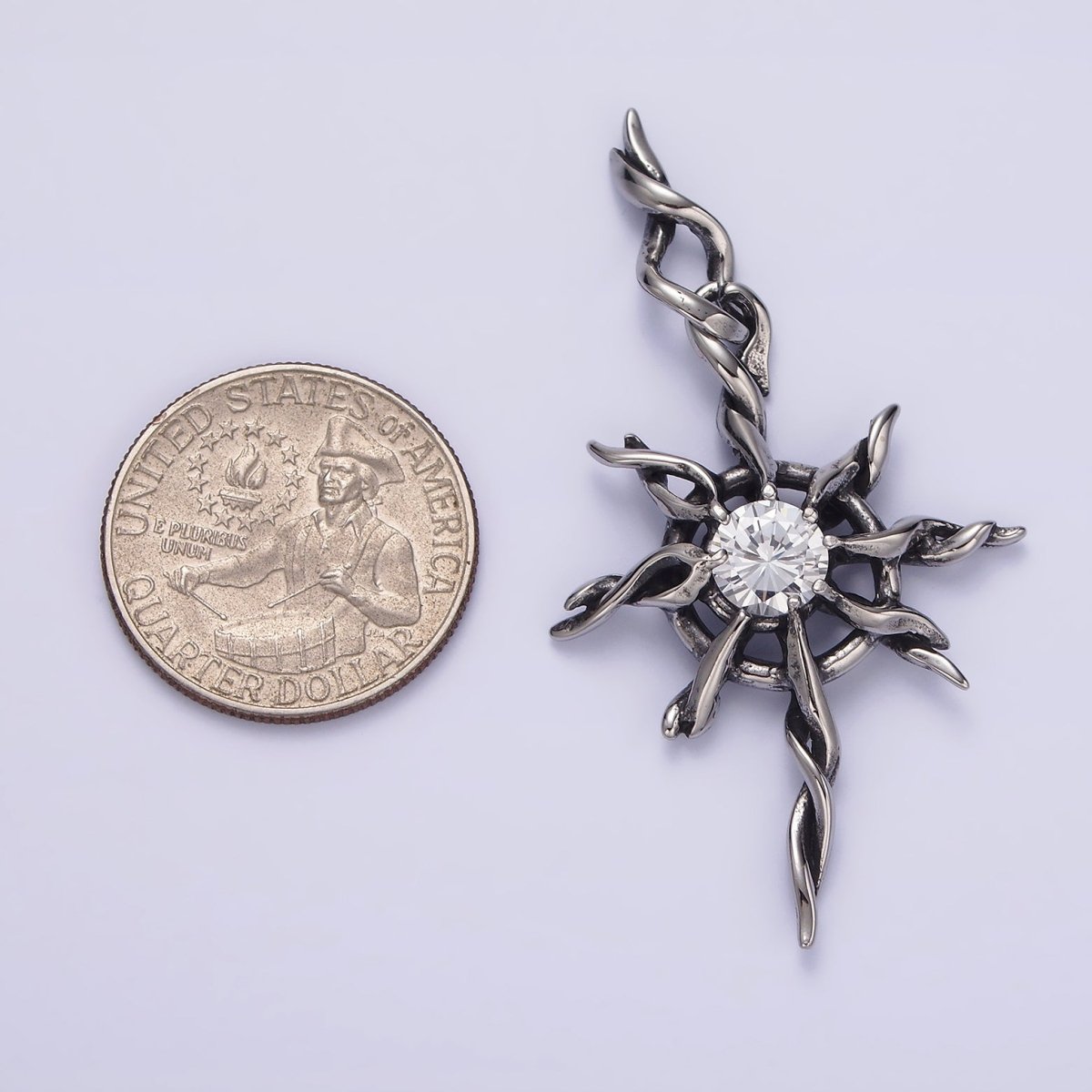 Stainless Steel 60mm Celestial Sun Star Clear CZ Twisted Ray Pendant | P-745 - DLUXCA