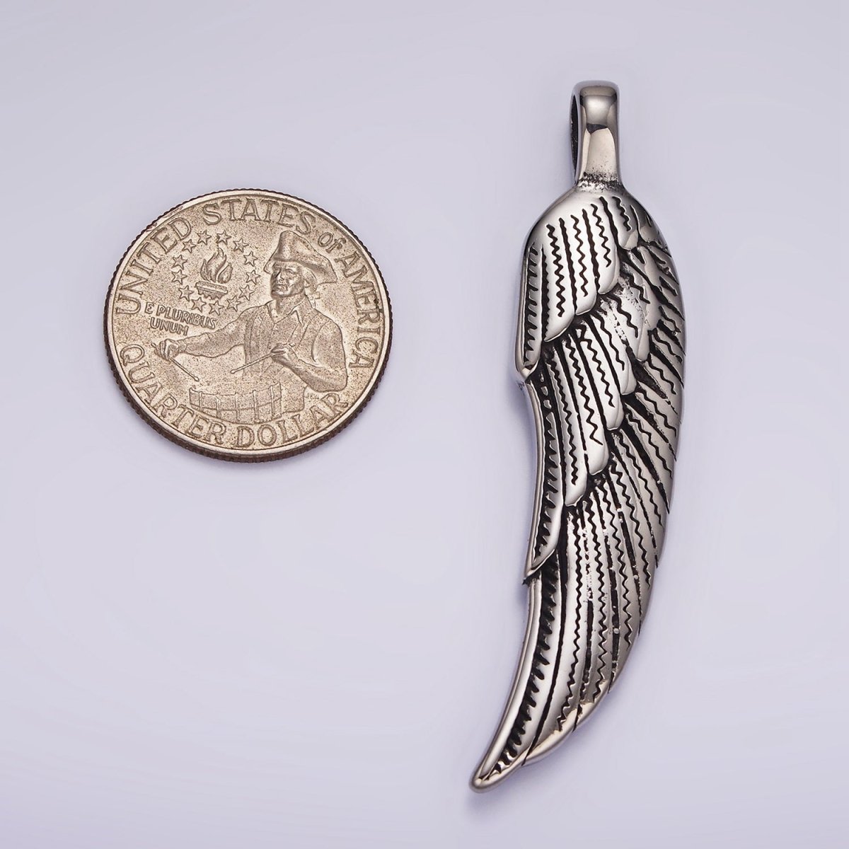 Stainless Steel 60mm Line-Textured Feather Angel Wing Oxidized Pendant | P876 - DLUXCA