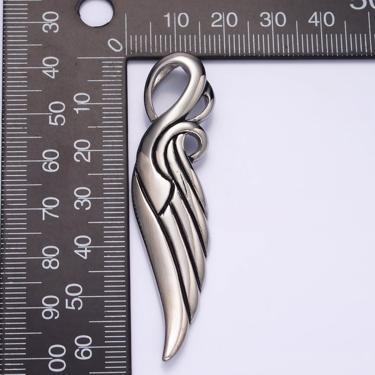 Stainless Steel 63mm Curved Lined Feather Wings Pendant | P-857 - DLUXCA
