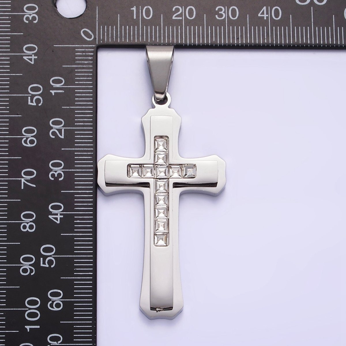 Stainless Steel 64mm Clear Square Baguette CZ Double Cross Outline Silver Pendant | P-710