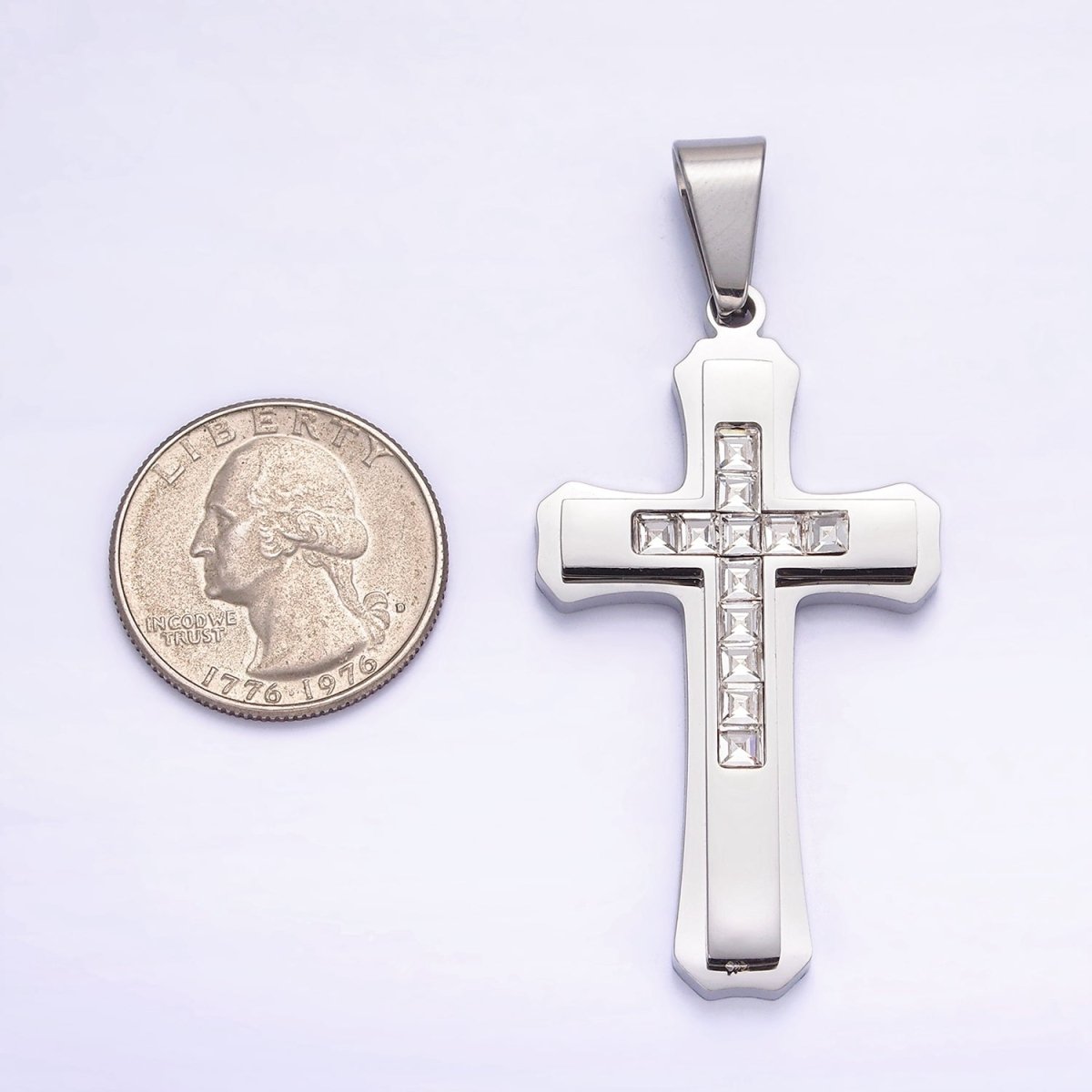 Stainless Steel 64mm Clear Square Baguette CZ Double Cross Outline Silver Pendant | P-710