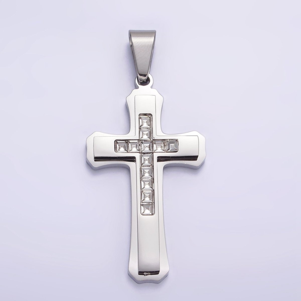 Stainless Steel 64mm Clear Square Baguette CZ Double Cross Outline Silver Pendant | P-710