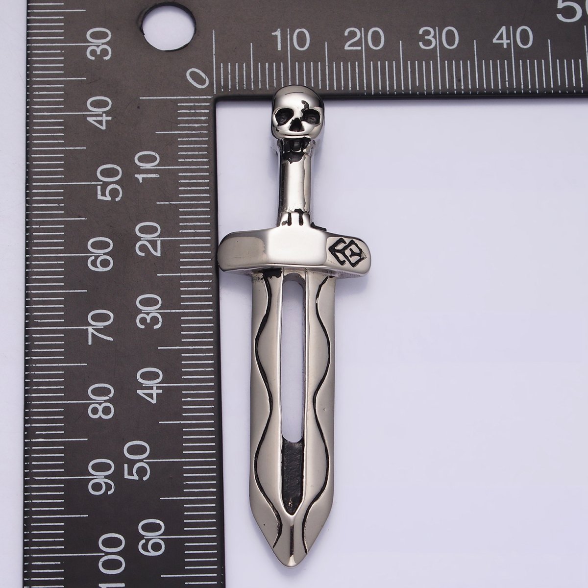 Stainless Steel 64mm Lined Open Sword Skull Head Handle Charm  P-614