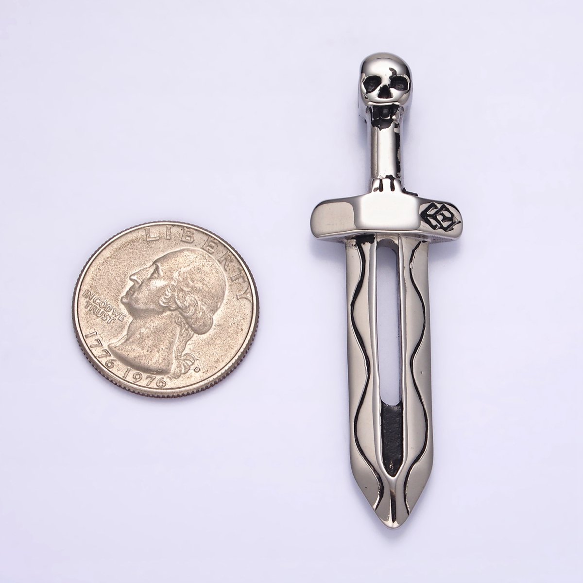 Stainless Steel 64mm Lined Open Sword Skull Head Handle Charm  P-614