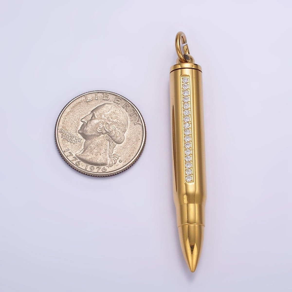 Stainless Steel 65.5mm Clear Micro Paved CZ Lined Bullet Cylinder Tube Pendant in Black & Gold | P-730