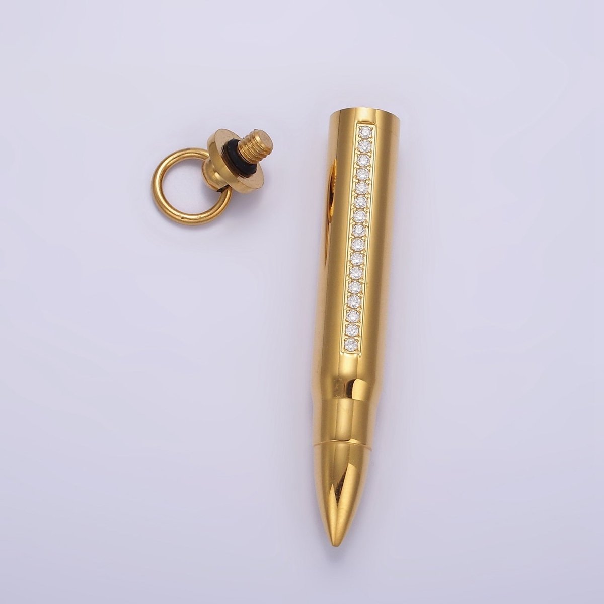 Stainless Steel 65.5mm Clear Micro Paved CZ Lined Bullet Cylinder Tube Pendant in Black & Gold | P-730