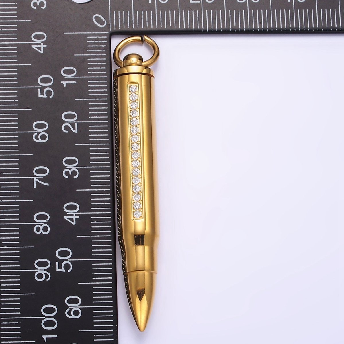 Stainless Steel 65.5mm Clear Micro Paved CZ Lined Bullet Cylinder Tube Pendant in Black & Gold | P-730