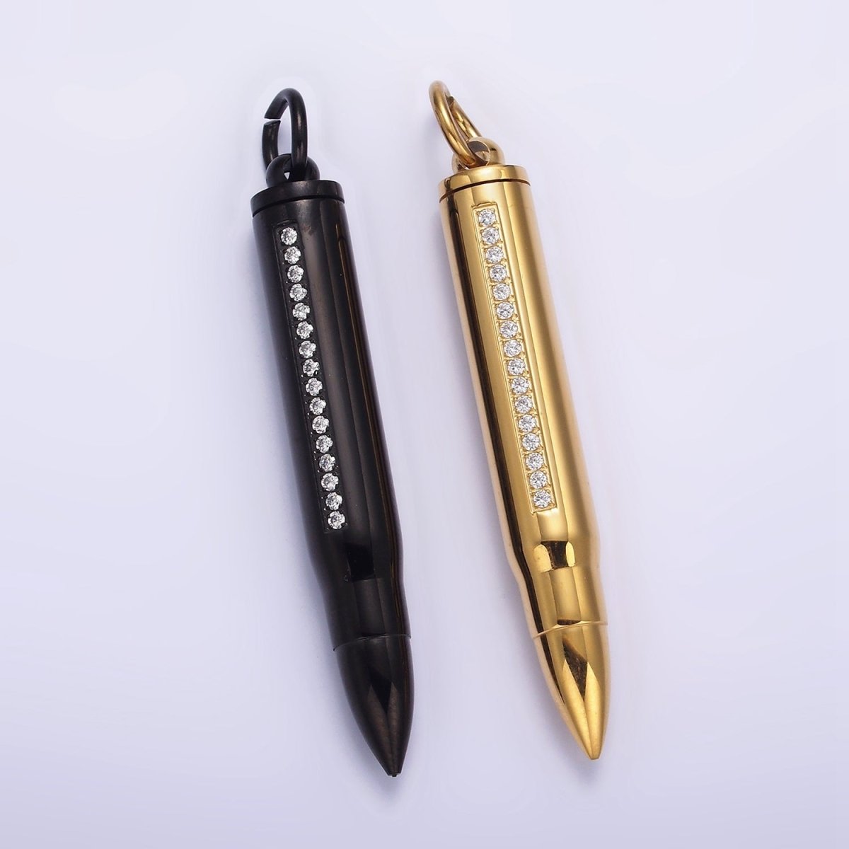Stainless Steel 65.5mm Clear Micro Paved CZ Lined Bullet Cylinder Tube Pendant in Black & Gold | P-730