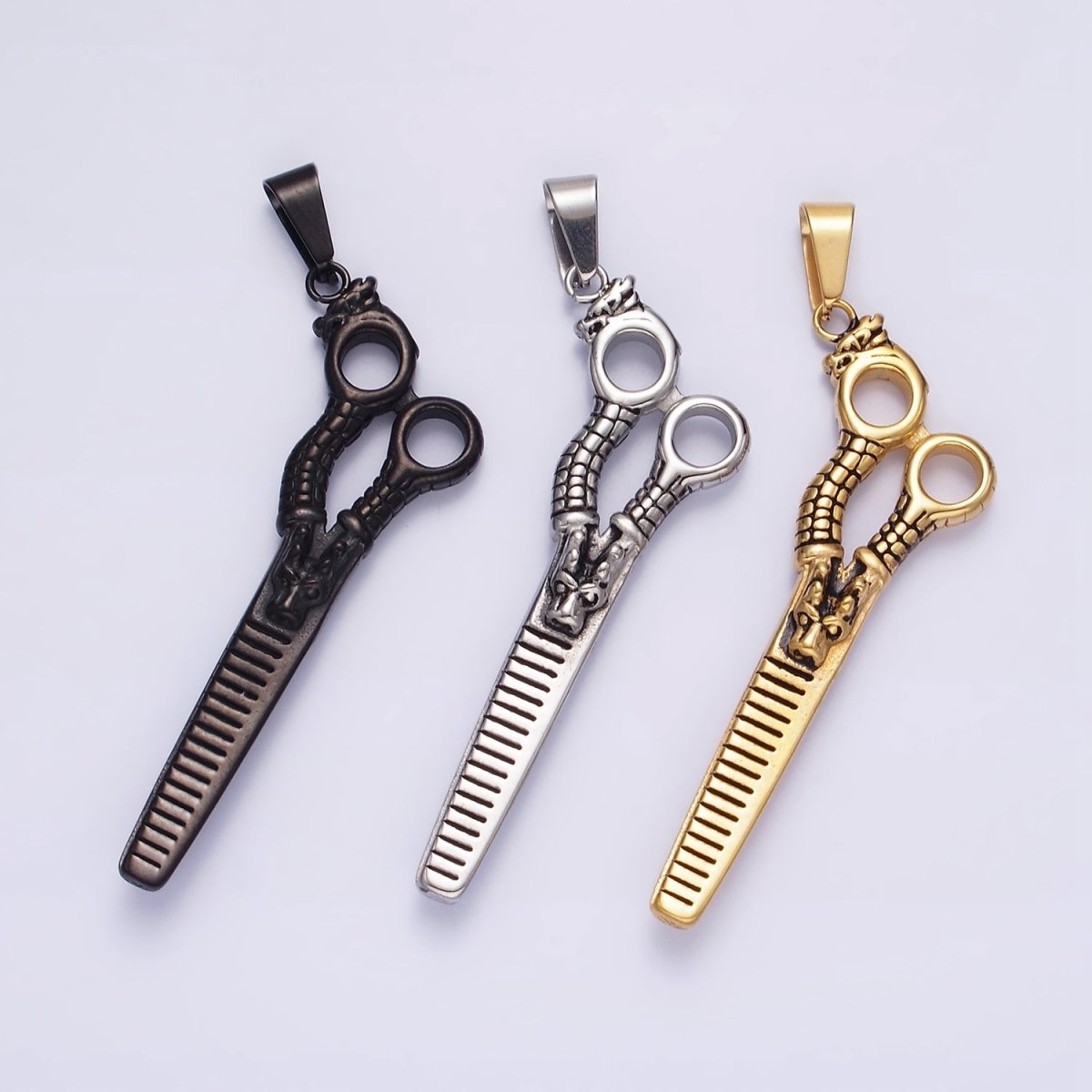 Stainless Steel 67mm Scissors Line-Textured Pendant in Gold, Black, Silver | P-734