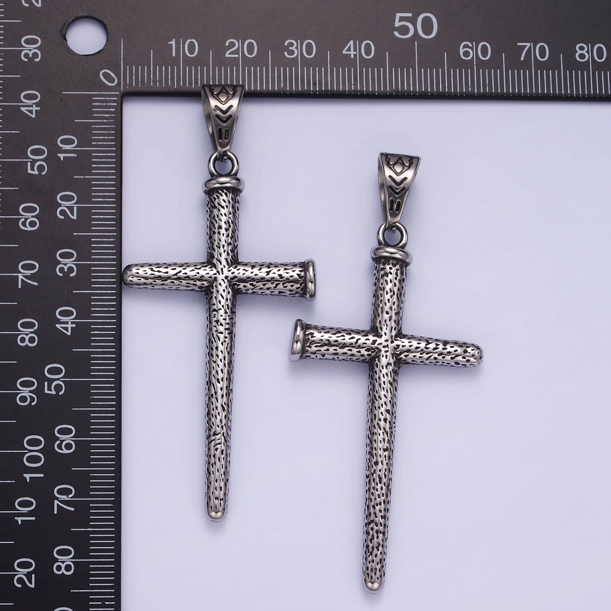 Stainless Steel 74mm Textured Nail Religious Cross Oxidized Silver Pendant | P1413 - DLUXCA