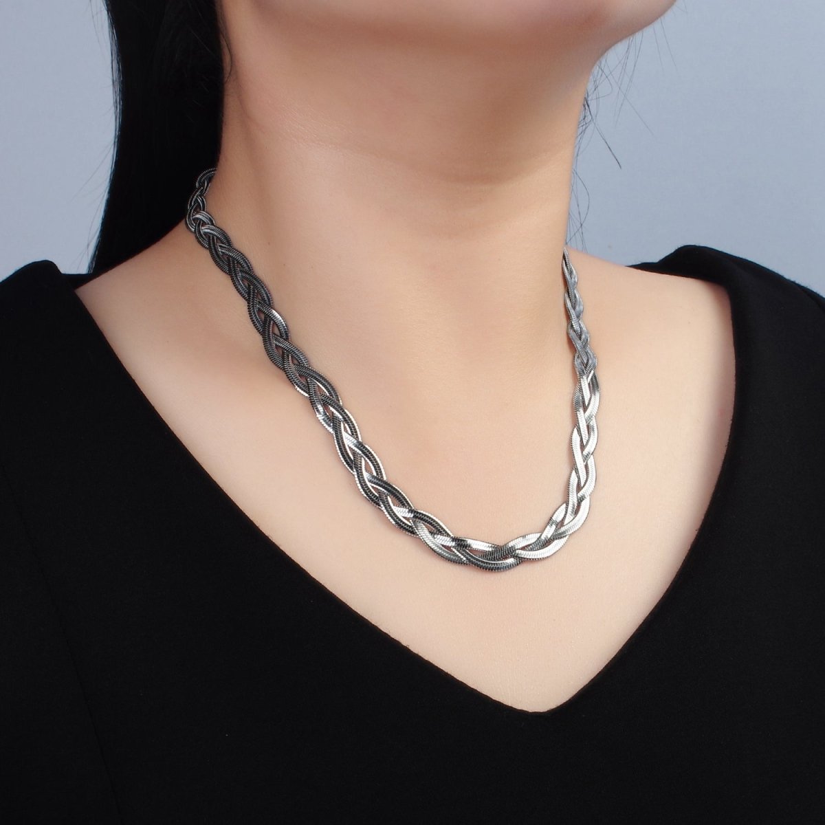 Stainless Steel 7.6mm Triple Herringbone Chain Necklace in Gold, Silver, Mixed Metal | WA-2530 ~ WA-2532