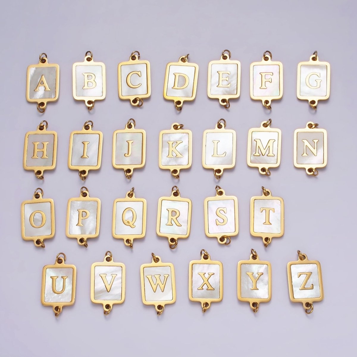 Stainless Steel A-Z Initial Letter Alphabet Shell Pearl Rectangular Gold Connector | A-A1184-A-A1196