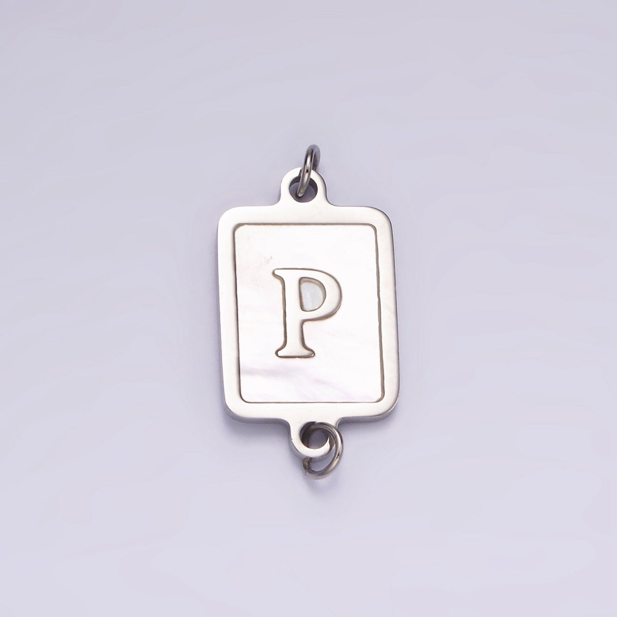 Stainless Steel A-Z Initial Letter Alphabet Shell Pearl Rectangular Silver Connector | A-A1106-A-A1118