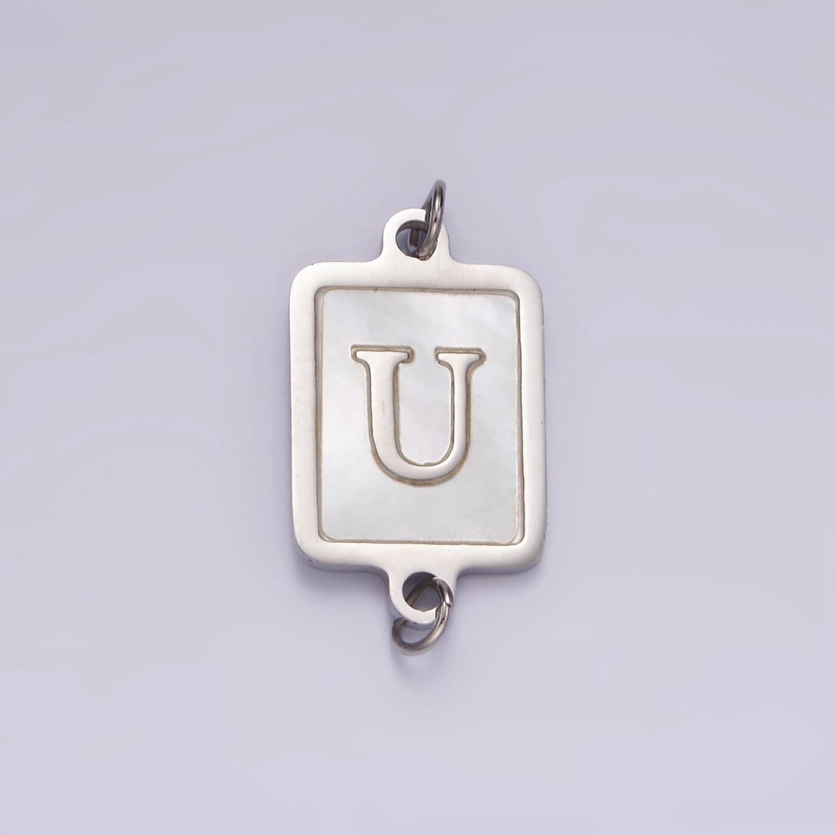 Stainless Steel A-Z Initial Letter Alphabet Shell Pearl Rectangular Silver Connector | A-A1106-A-A1118