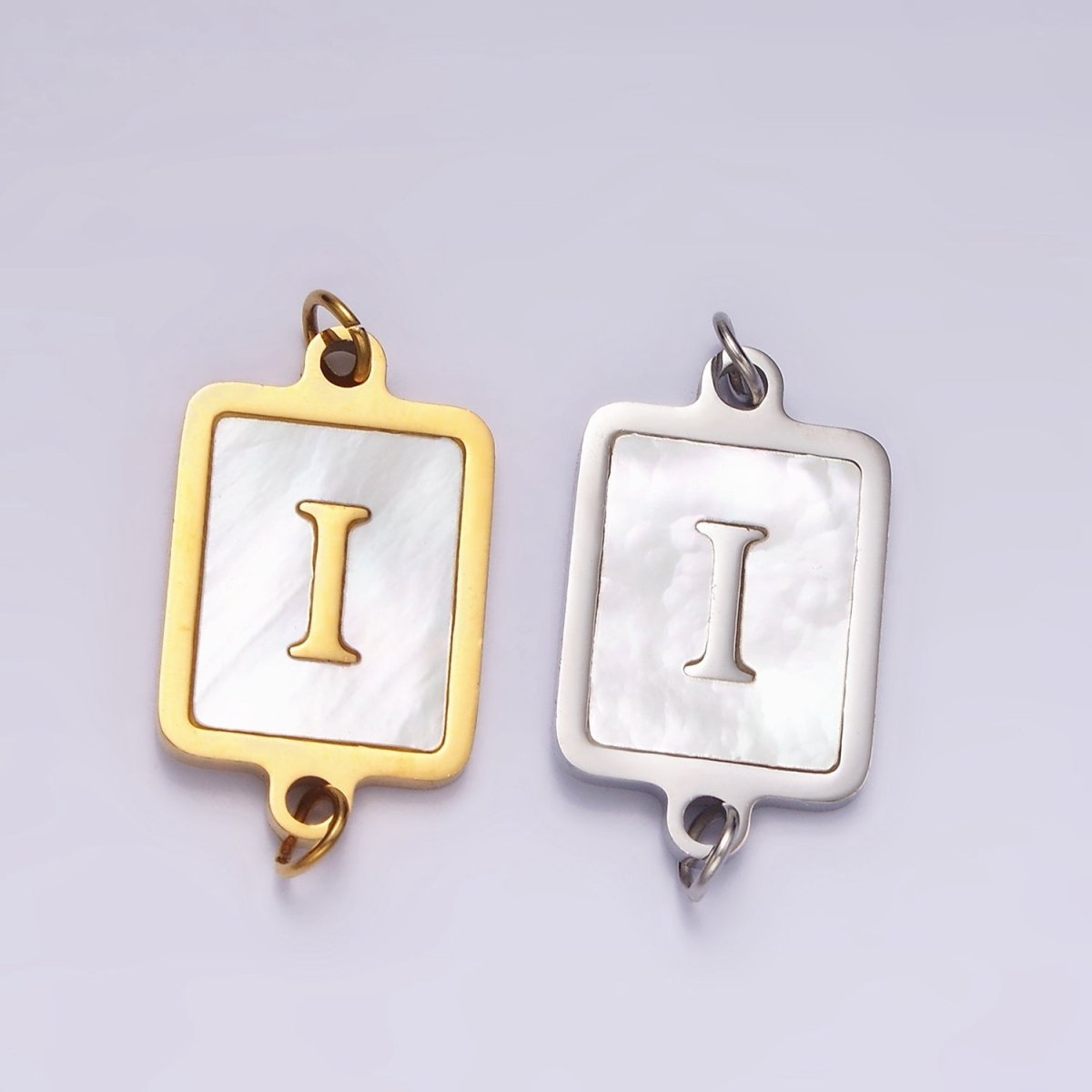 Stainless Steel A-Z Initial Letter Alphabet Shell Pearl Rectangular Silver Connector | A-A1106-A-A1118