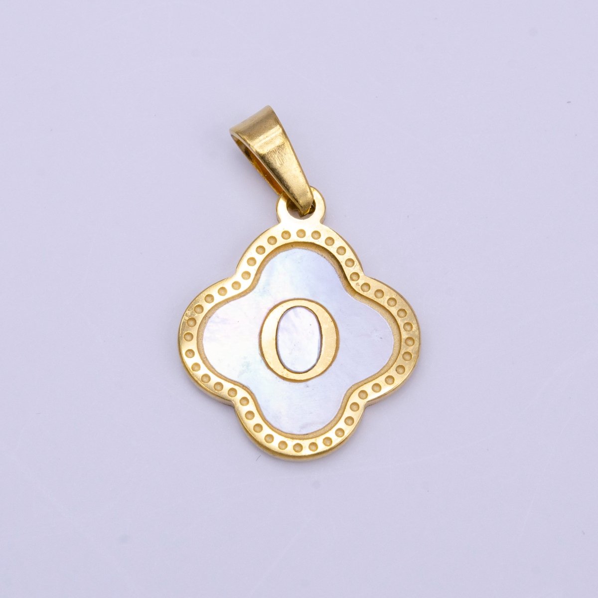 Stainless Steel A-Z Initial Letter Shell Pearl Quatrefoil Clover Gold Pendant | A-741-A-753