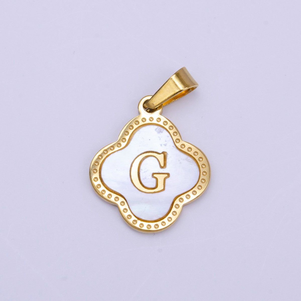 Stainless Steel A-Z Initial Letter Shell Pearl Quatrefoil Clover Gold Pendant | A-741-A-753