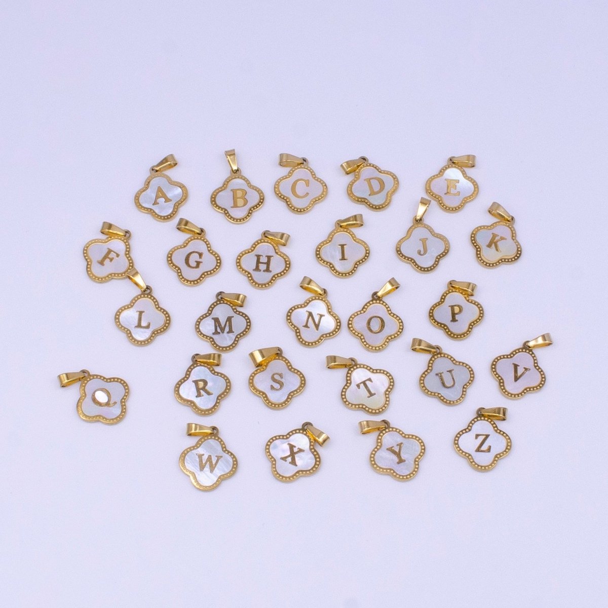 Stainless Steel A-Z Initial Letter Shell Pearl Quatrefoil Clover Gold Pendant | A-741-A-753