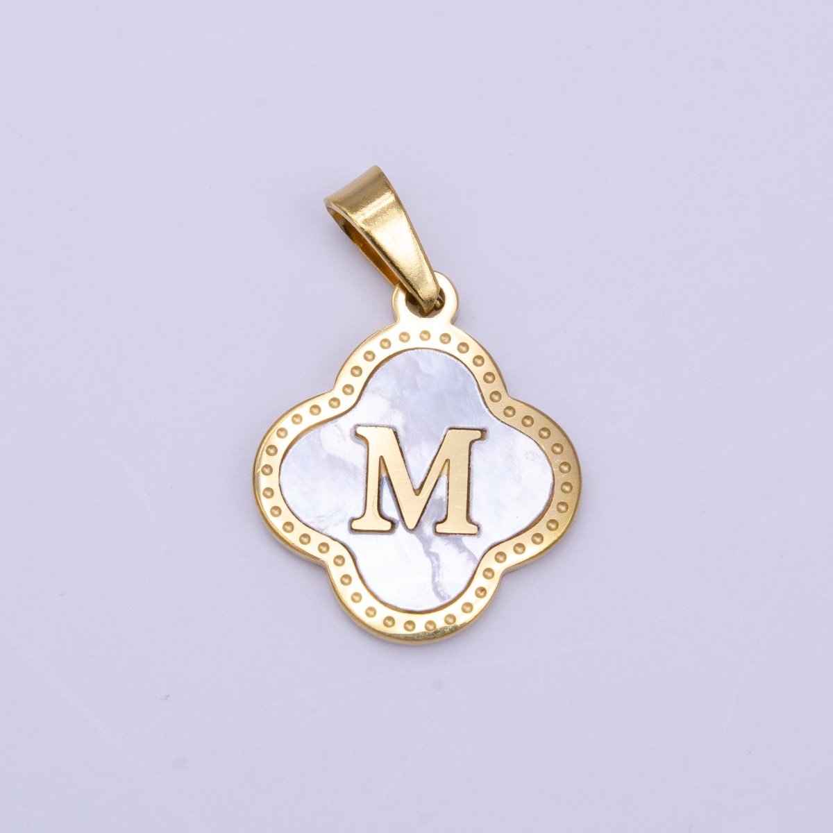 Stainless Steel A-Z Initial Letter Shell Pearl Quatrefoil Clover Gold Pendant | A-741-A-753
