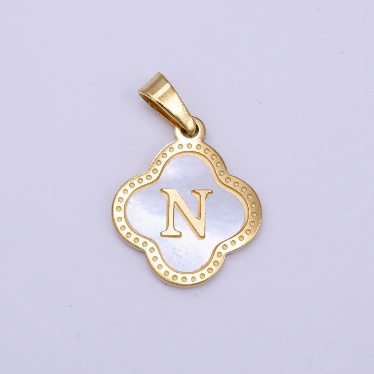 Stainless Steel A-Z Initial Letter Shell Pearl Quatrefoil Clover Gold Pendant | A-741-A-753