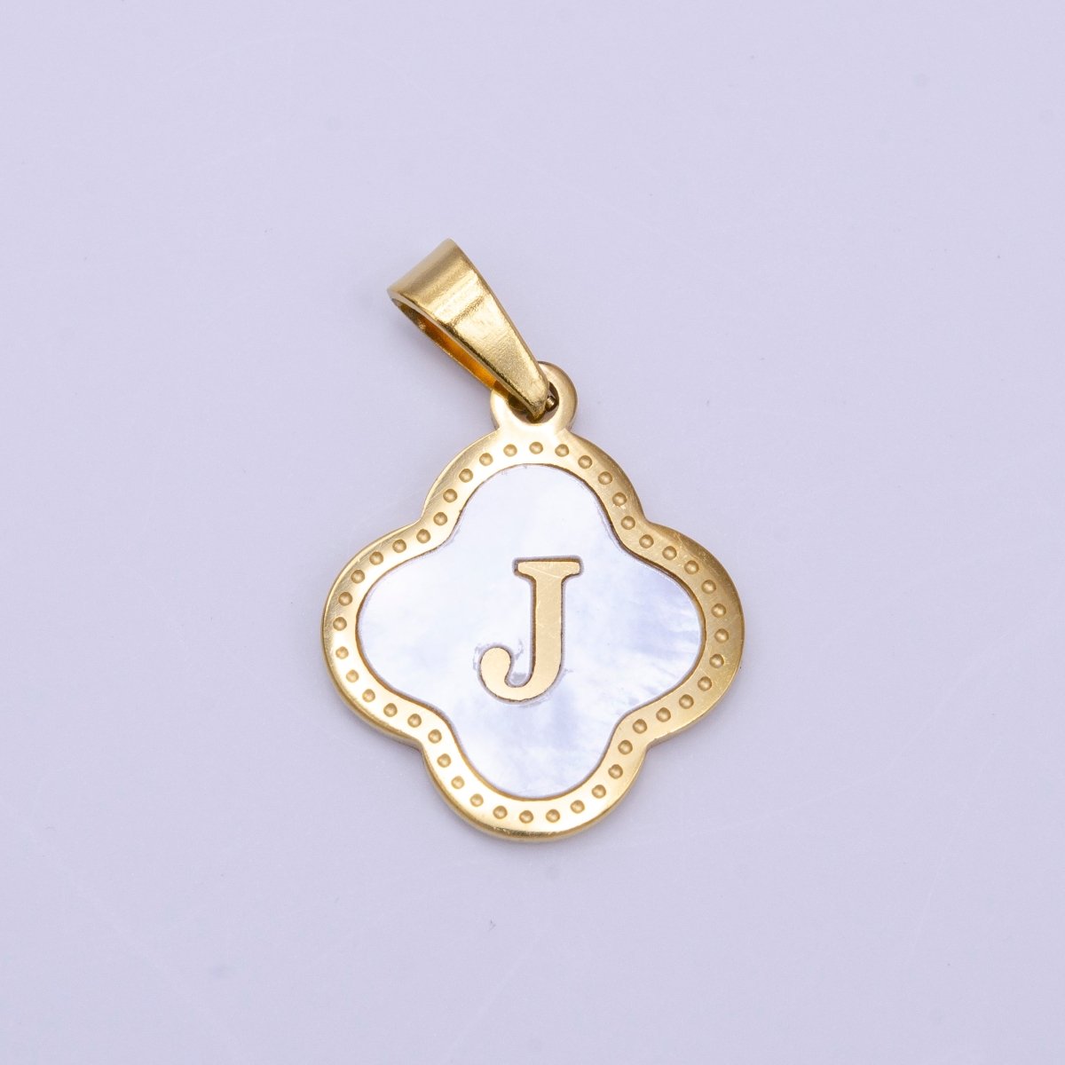 Stainless Steel A-Z Initial Letter Shell Pearl Quatrefoil Clover Gold Pendant | A-741-A-753