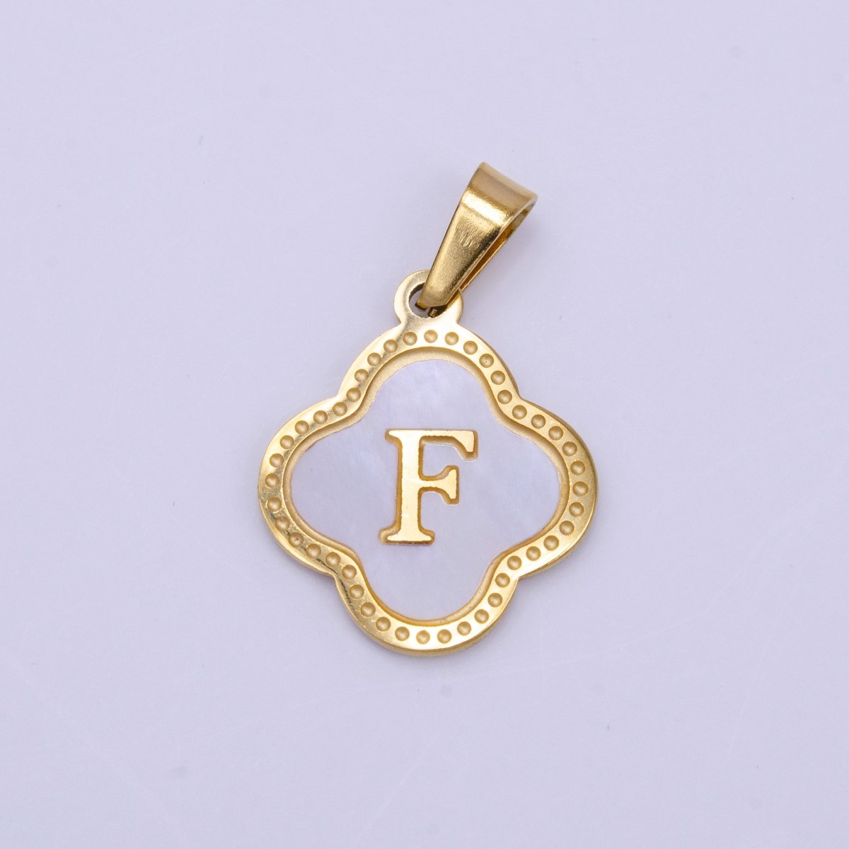 Stainless Steel A-Z Initial Letter Shell Pearl Quatrefoil Clover Gold Pendant | A-741-A-753