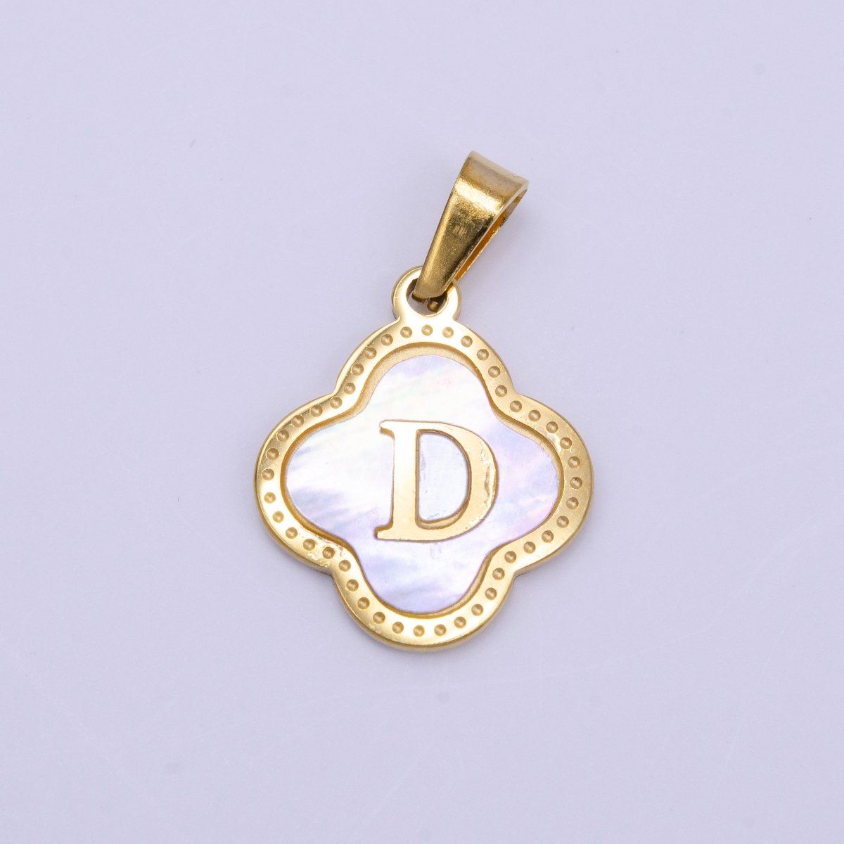 Stainless Steel A-Z Initial Letter Shell Pearl Quatrefoil Clover Gold Pendant | A-741-A-753