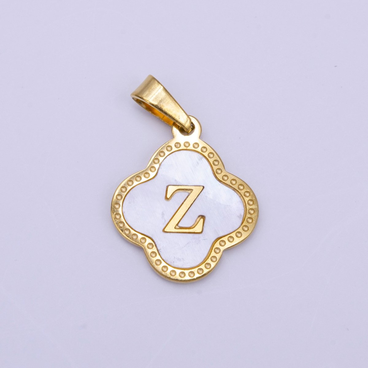 Stainless Steel A-Z Initial Letter Shell Pearl Quatrefoil Clover Gold Pendant | A-741-A-753